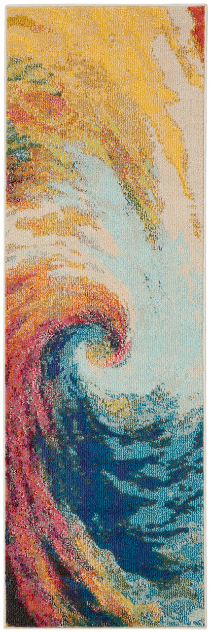 Long vertical rug runner with an abstract swirl of yellows, oranges, pinks, aqua and blue.