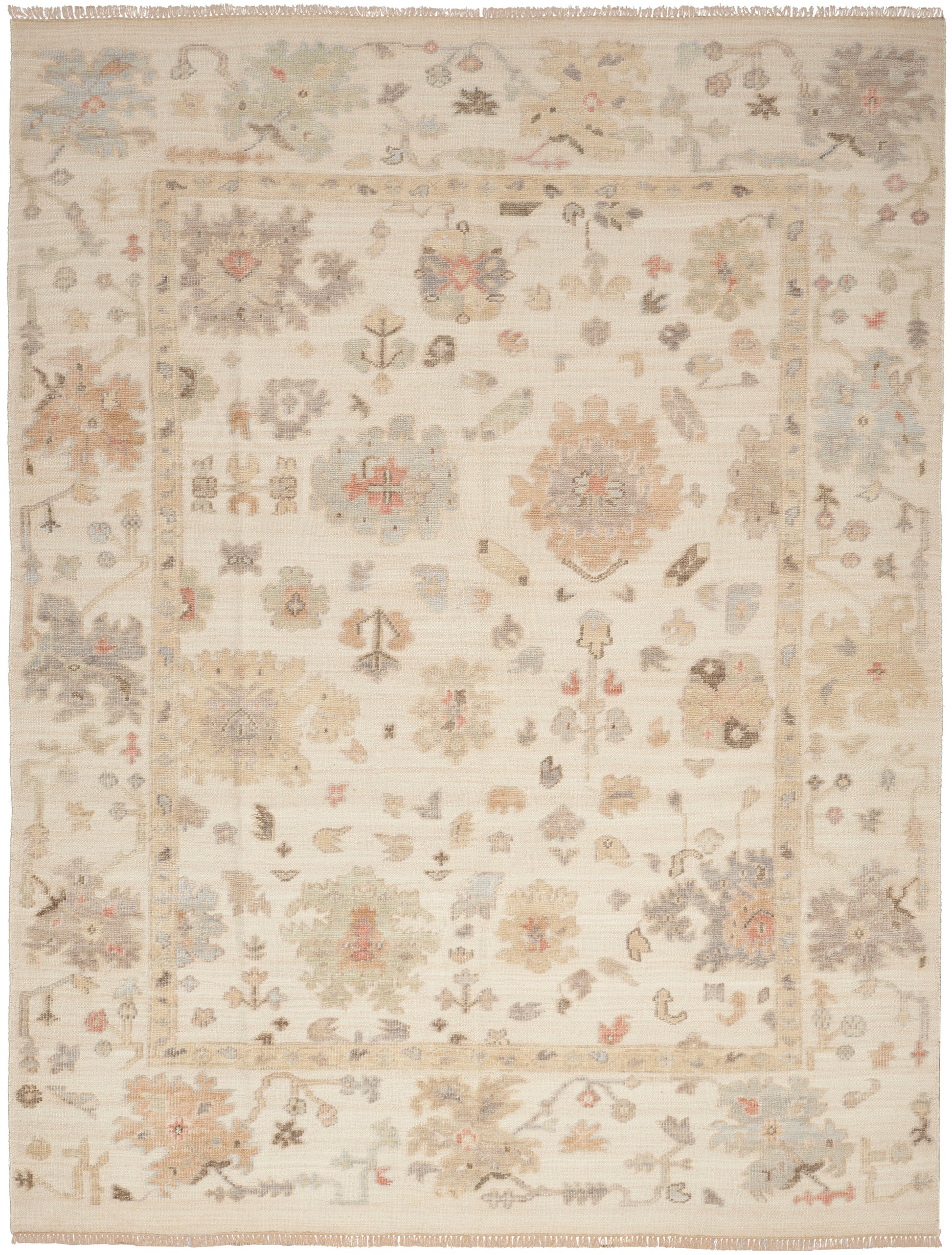 Cream woven rug with soft pastel floral medallions, pale blue and pink accents, ornate border and fringe.