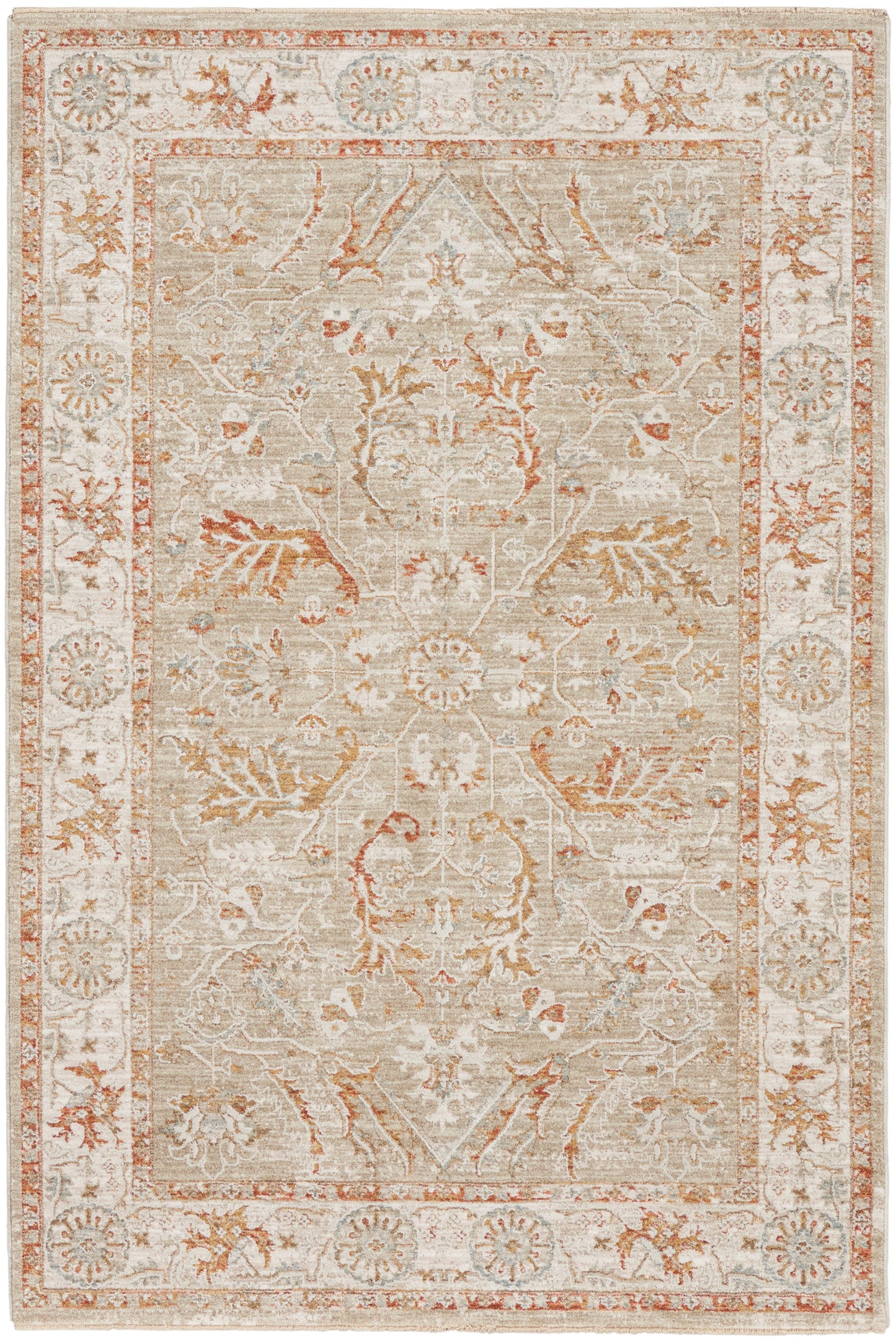 Rectangular vintage-style rug with ivory-beige base, rust and blue floral motifs and distressed oriental border.