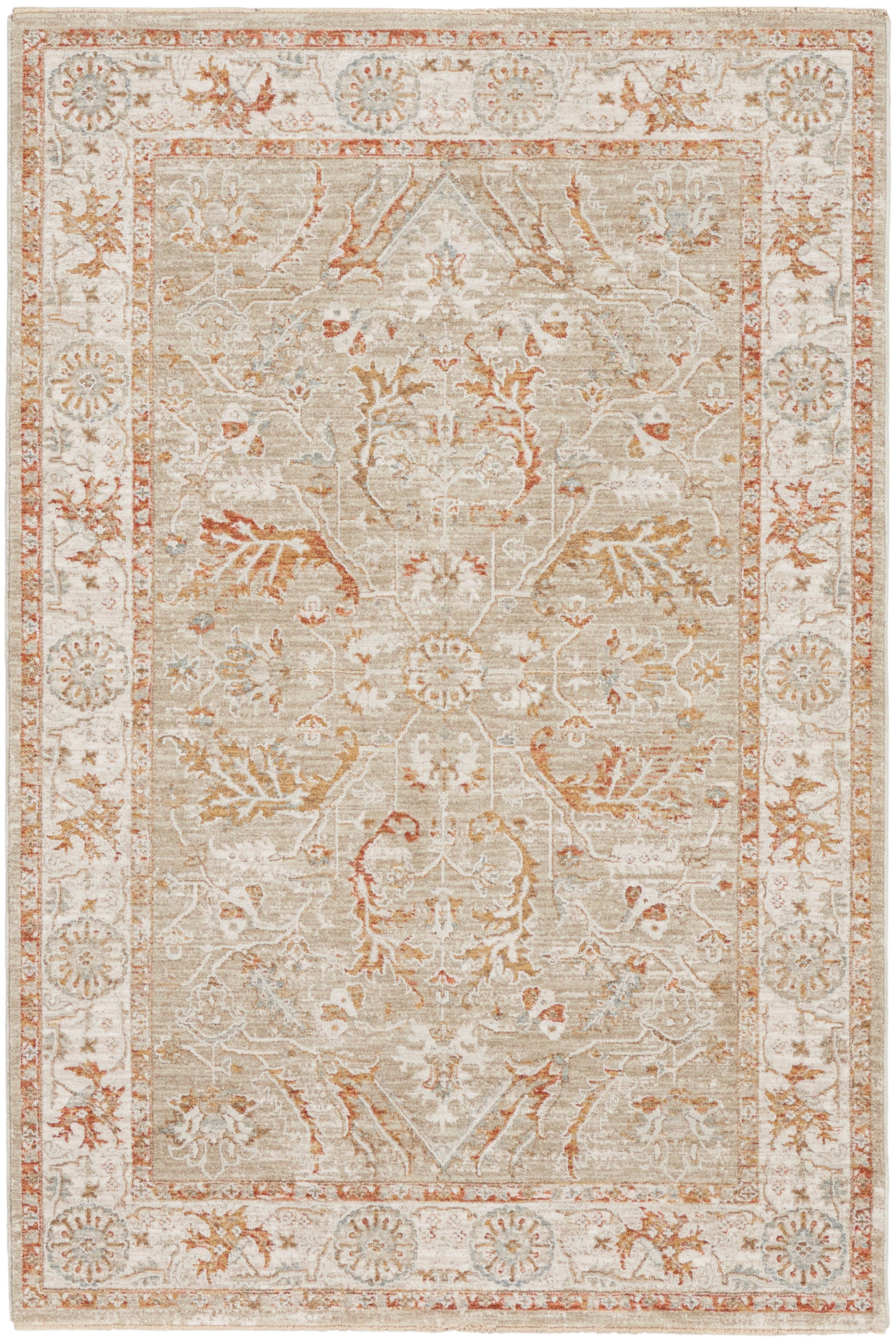Rectangular vintage-style rug with ivory-beige base, rust and blue floral motifs and distressed oriental border.