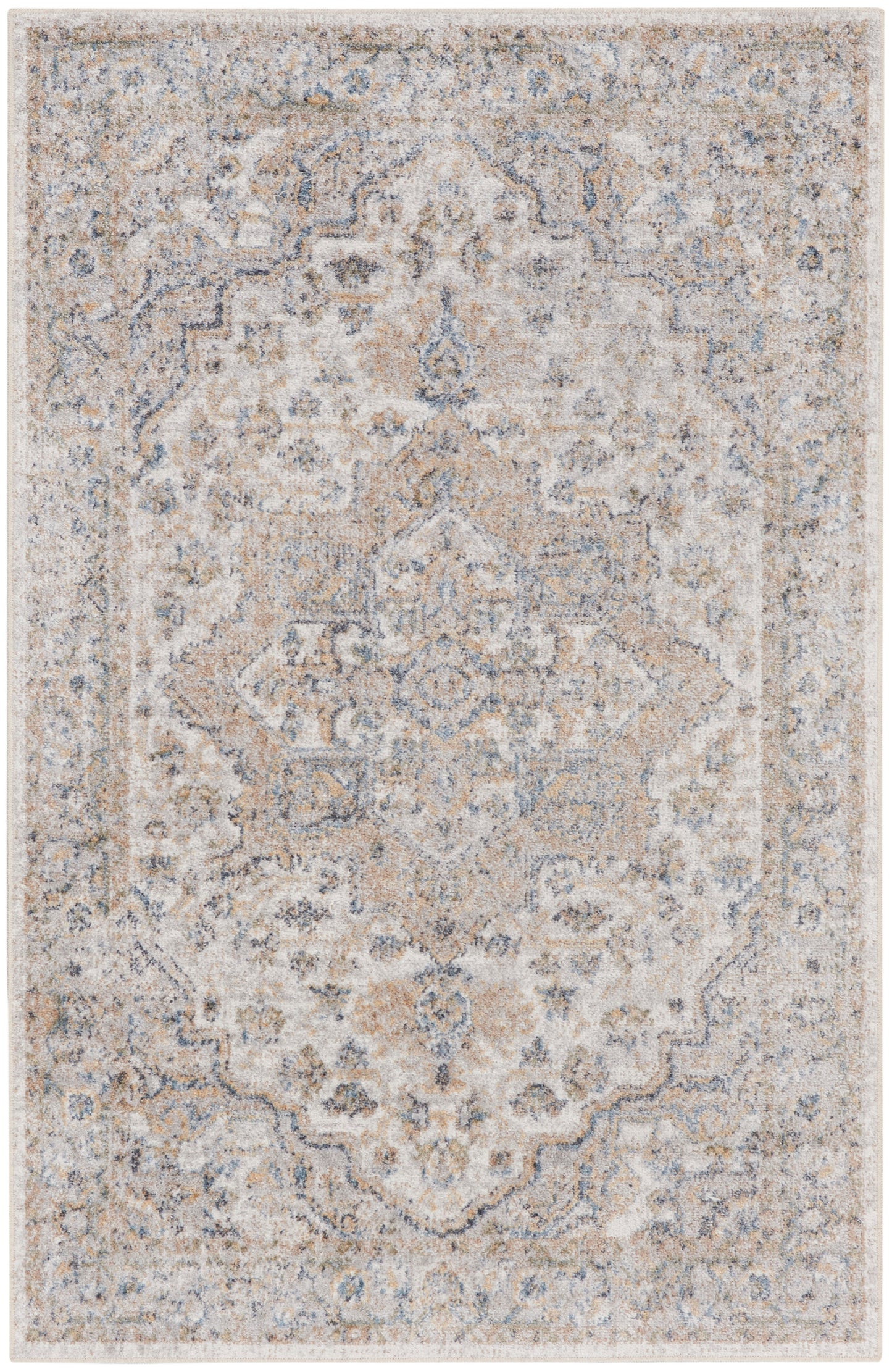 Rectangular distressed vintage-style oriental rug in beige, ivory & pale blue with an intricate medallion pattern.