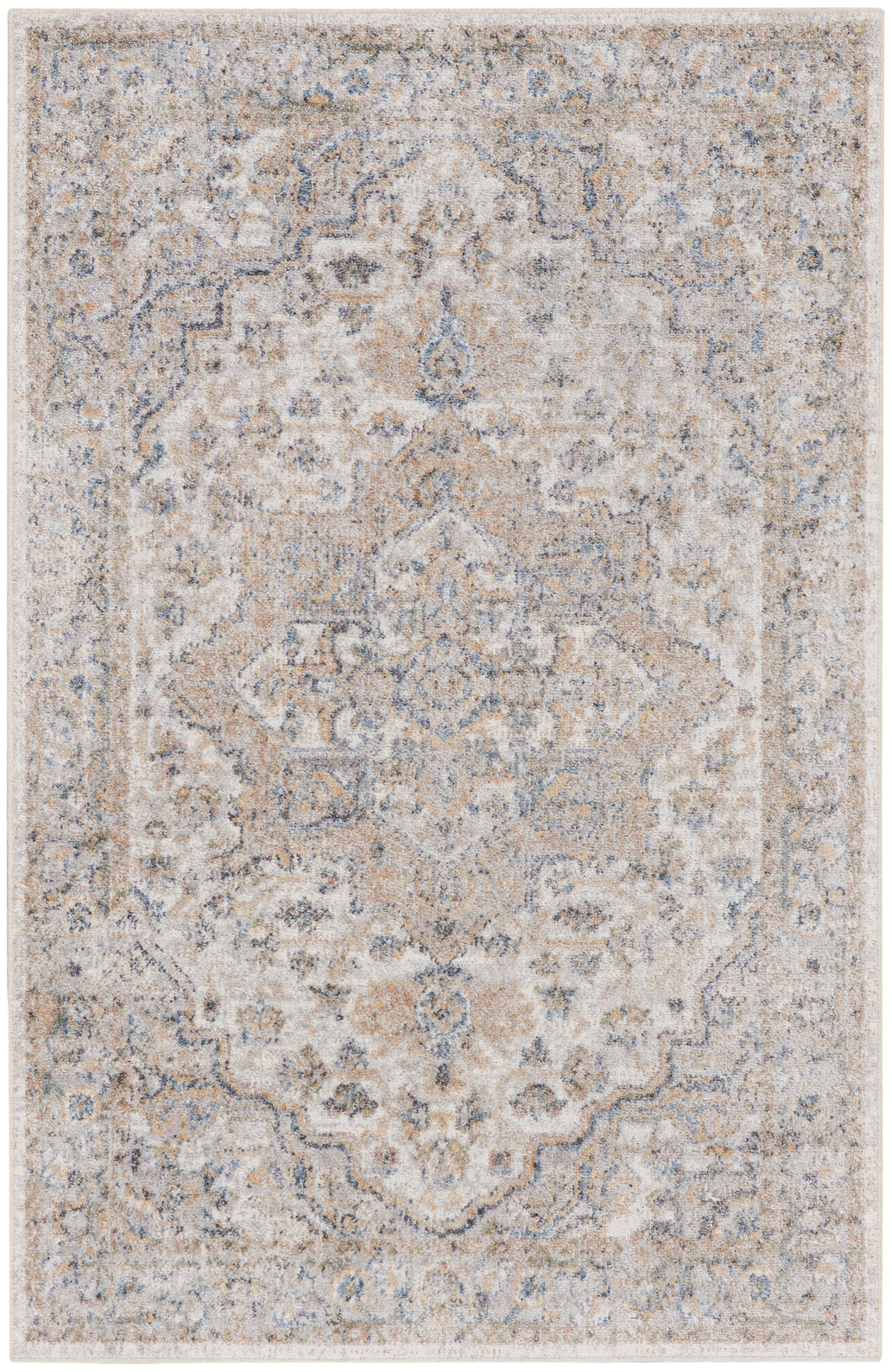 Rectangular distressed vintage-style oriental rug in beige, ivory & pale blue with an intricate medallion pattern.