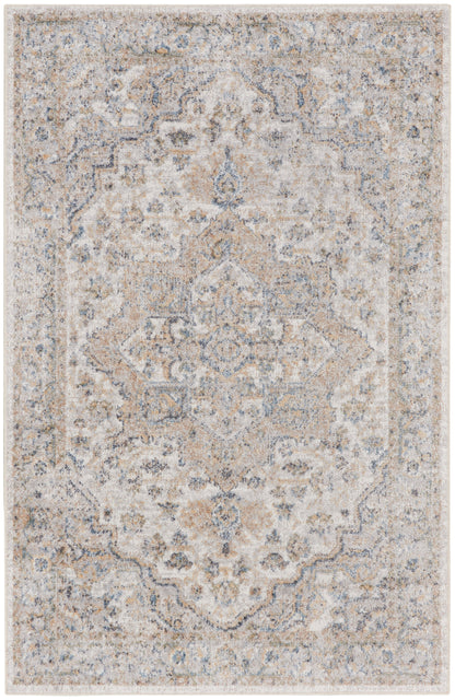 Rectangular distressed vintage-style oriental rug in beige, ivory & pale blue with an intricate medallion pattern.