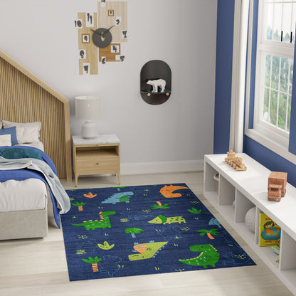 Kid's bedroom with navy dinosaur rug, light wood bed, white nightstand, oval black shelf with white bear, blue walls