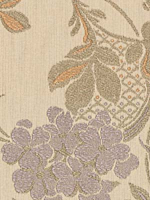 Sage jacquard upholstery fabric with lavender hydrangea flowers, grey-green leaves and orange accents.