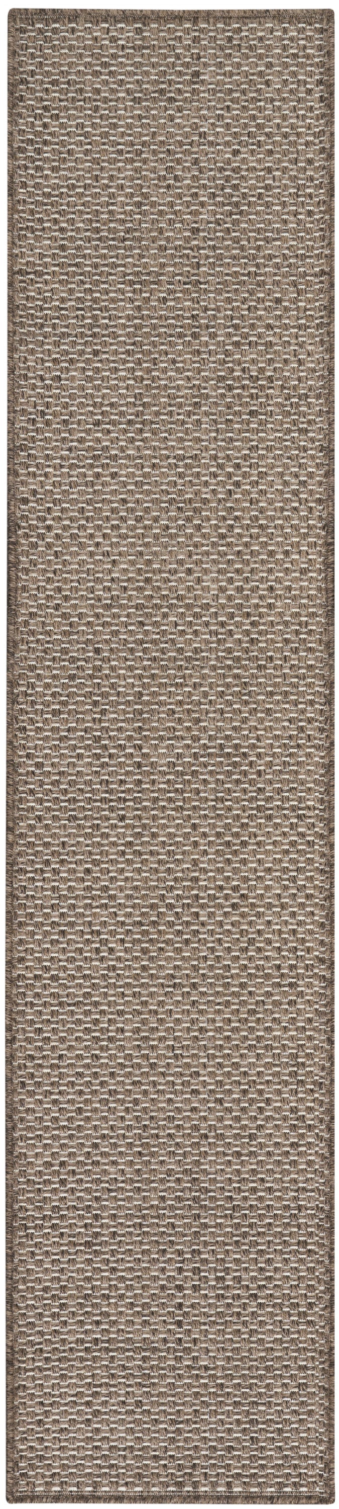 Taupe-brown outdoor runner rug, 10 ft long, with a tight basket-weave texture; elongated rectangular mat.