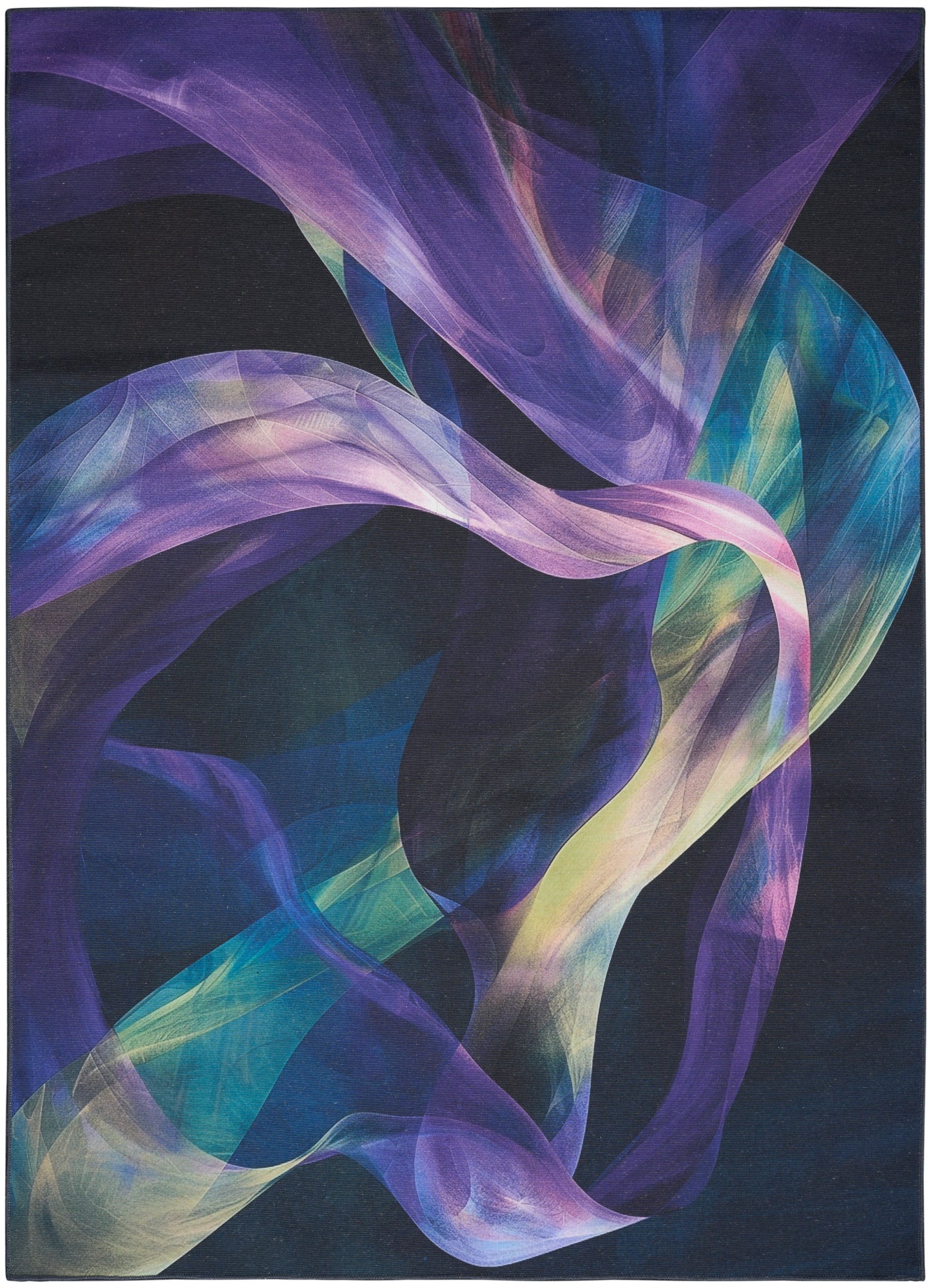 Abstract canvas art with swirling translucent ribbons in purple, blue, teal and yellow on a dark background.