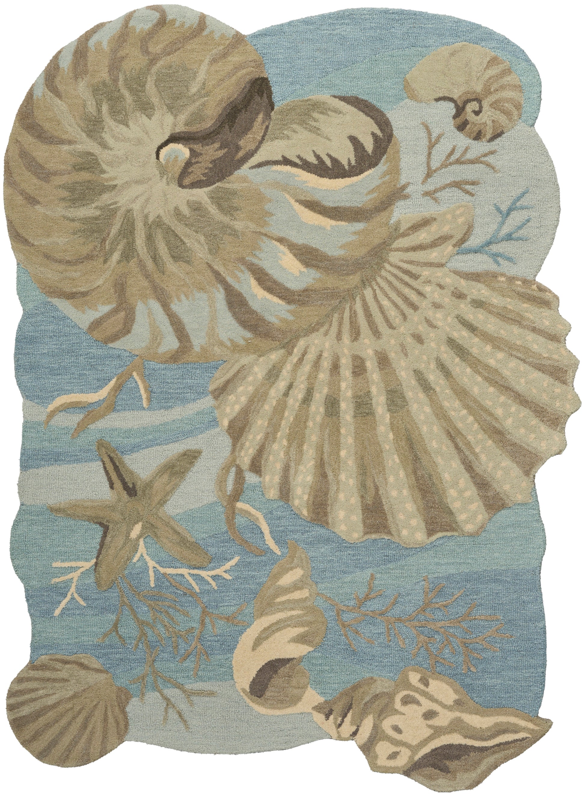 Coastal seashells rug with beige shells, starfish and coral on a muted blue background.