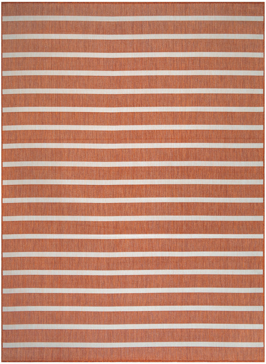 Burnt orange woven rug with white horizontal stripes; textured floor mat.