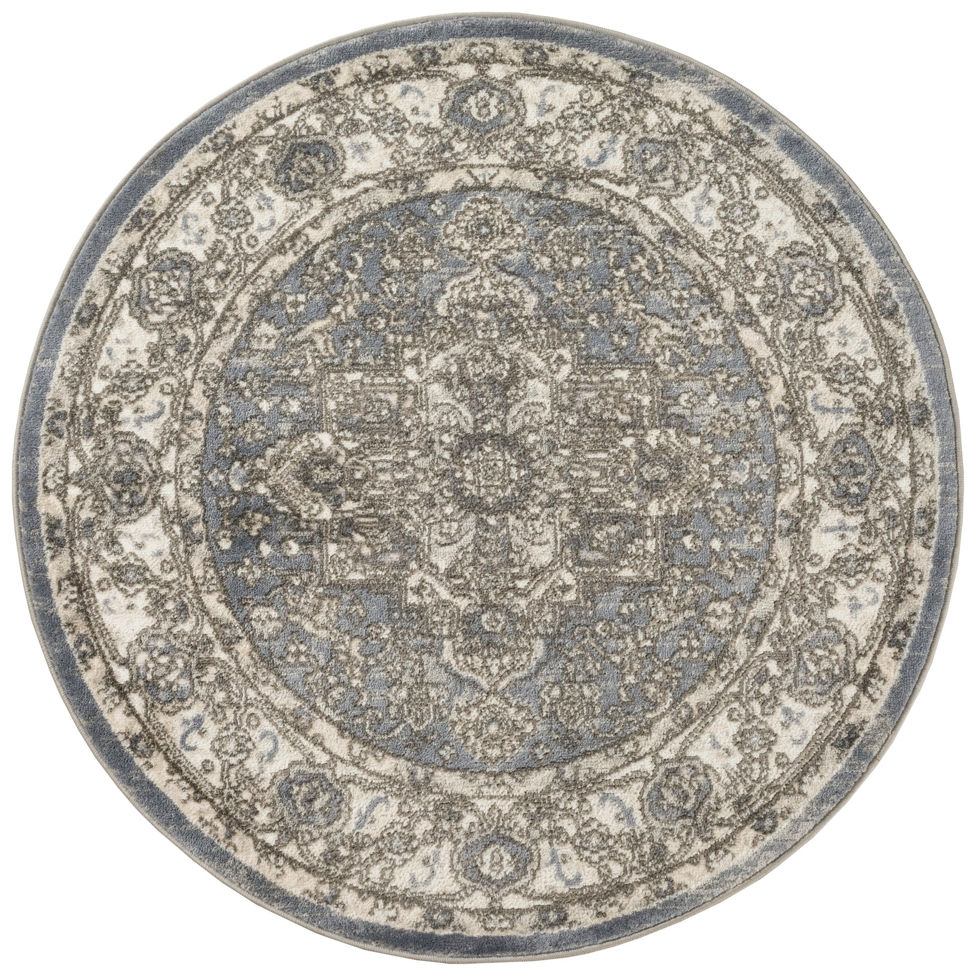 Round oriental rug in blue-gray and ivory with ornate floral medallion and border.