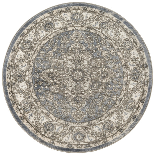 Round oriental rug in blue-gray and ivory with ornate floral medallion and border.