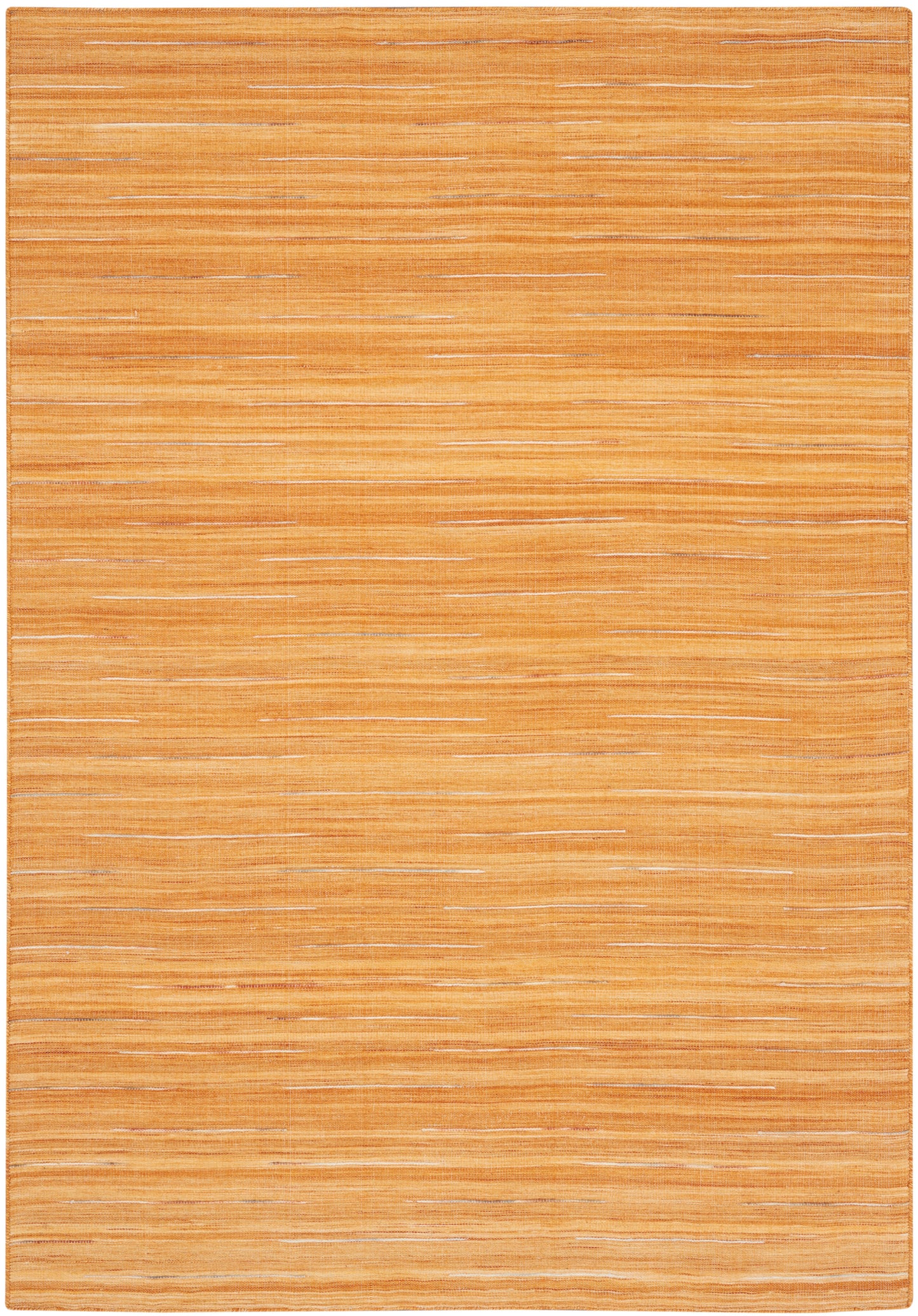 Rectangular orange flatweave rug with pale horizontal stripes and warm textured look.