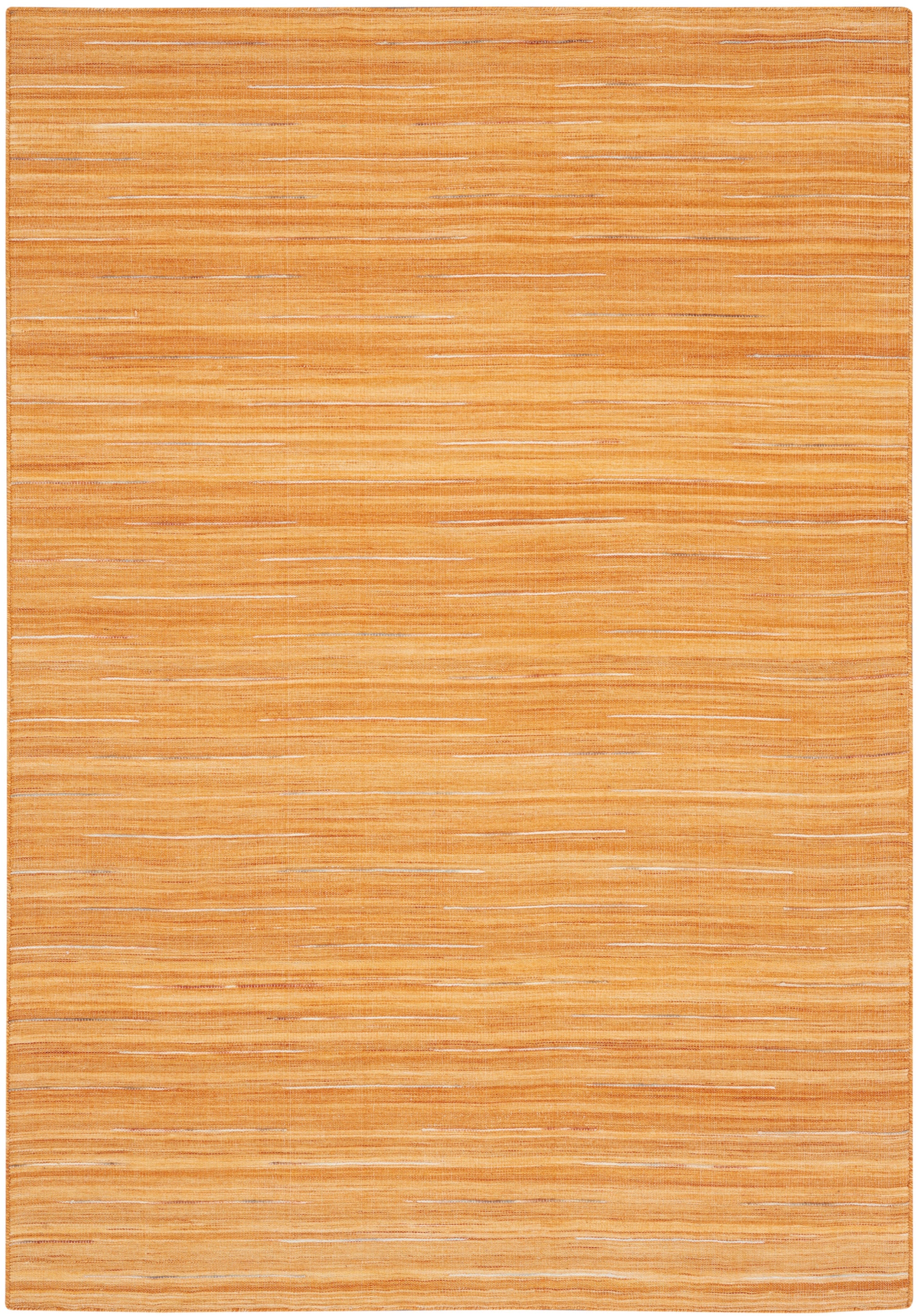 Rectangular orange flatweave rug with pale horizontal stripes and warm textured look.