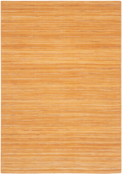 Rectangular orange flatweave rug with pale horizontal stripes and warm textured look.