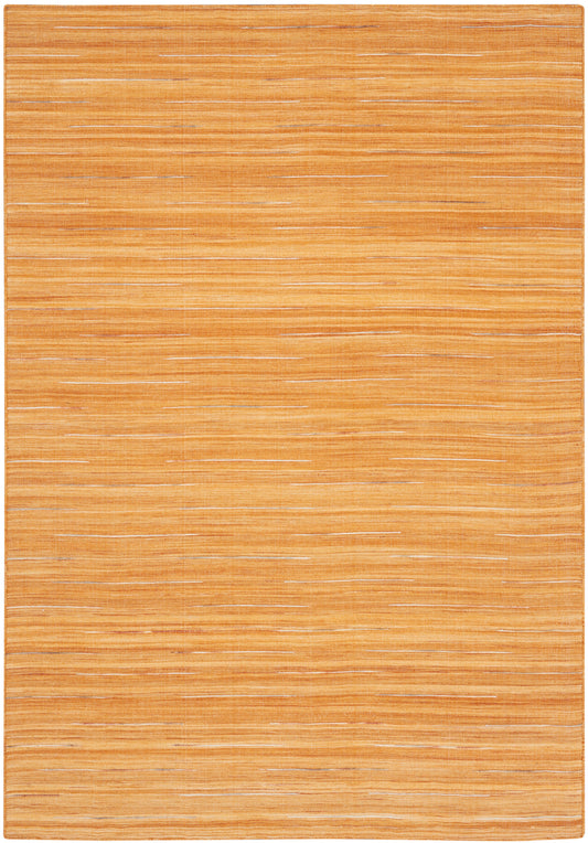 Rectangular orange flatweave rug with pale horizontal stripes and warm textured look.