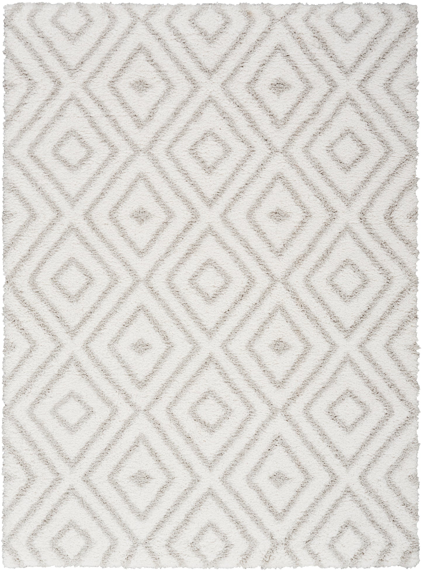 Cream shag rug with a raised diamond lattice pattern in soft beige, plush tufted texture, rectangular shape.