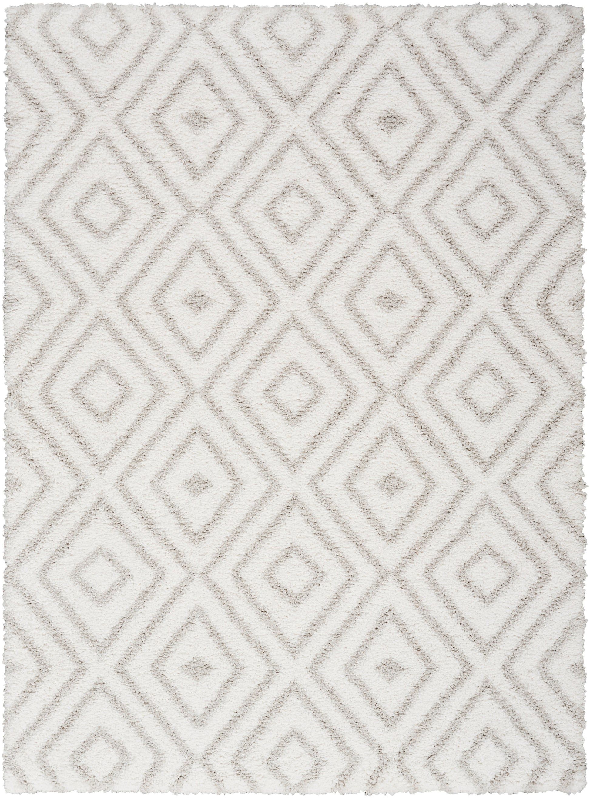 Cream shag rug with a raised diamond lattice pattern in soft beige, plush tufted texture, rectangular shape.