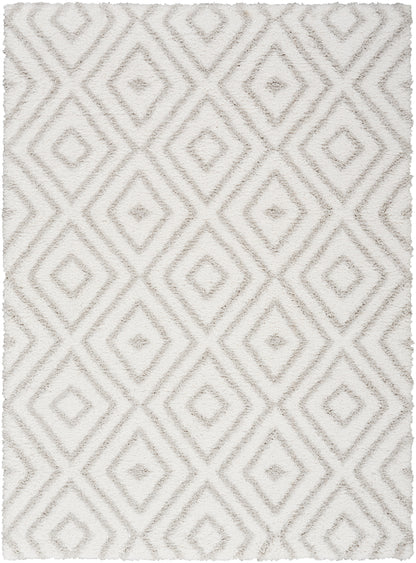 Cream shag rug with a raised diamond lattice pattern in soft beige, plush tufted texture, rectangular shape.