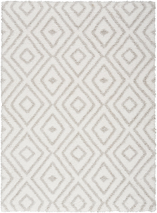 Cream shag rug with a raised diamond lattice pattern in soft beige, plush tufted texture, rectangular shape.