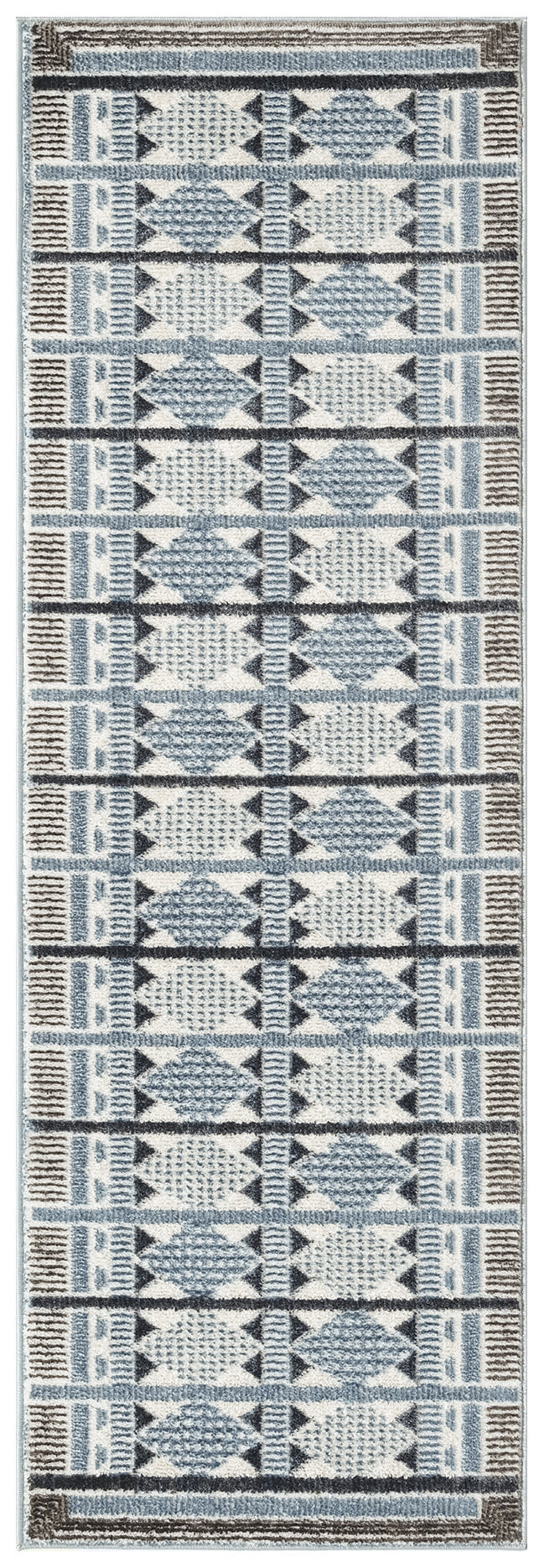 Narrow blue and cream geometric runner rug with repeated diamond motifs and brown border; textured woven pile
