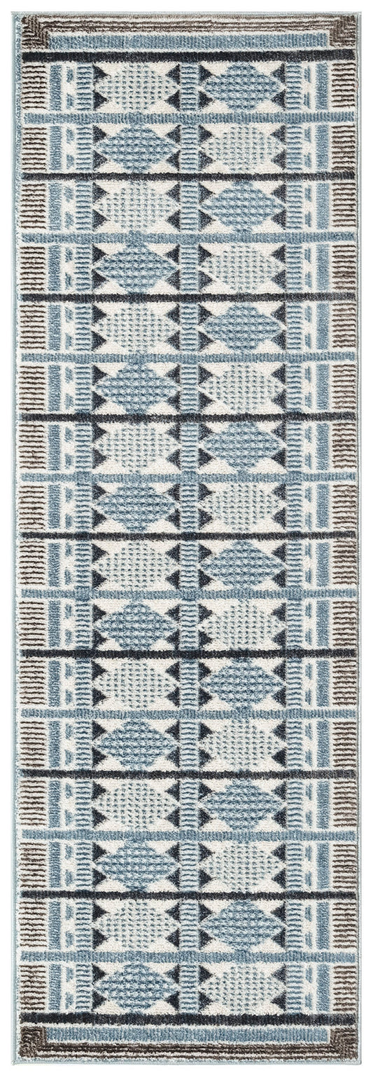 Narrow blue and cream geometric runner rug with repeated diamond motifs and brown border; textured woven pile