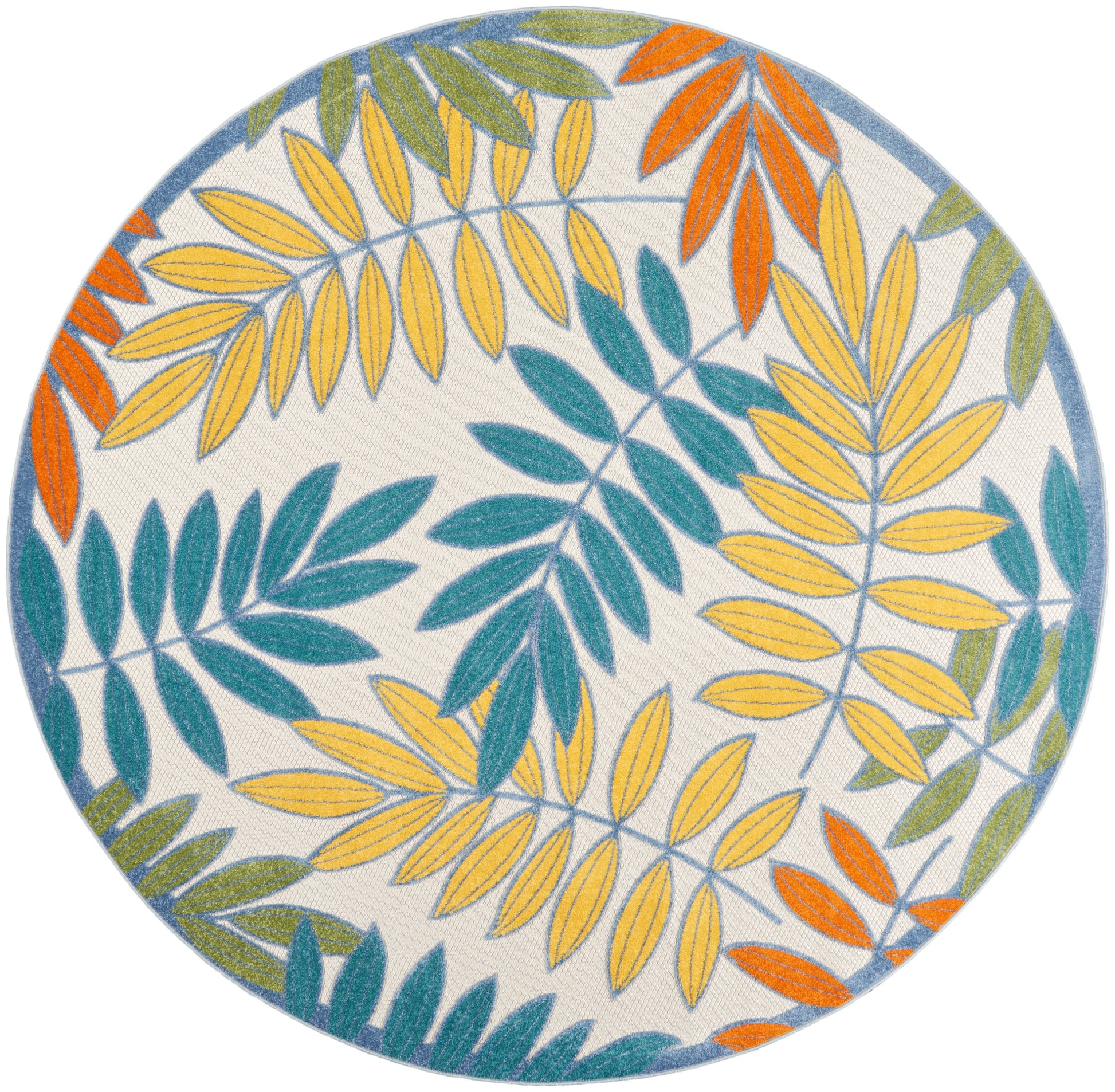 Round woven rug with blue border featuring a multicolored leafy pattern in teal, yellow, orange on beige.