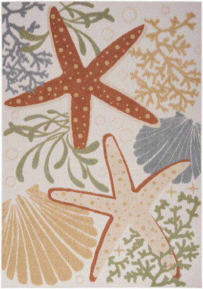 Coastal area rug featuring orange starfish with white dots, beige starfish, blue and gold coral, green seaweed, and bubble accents.