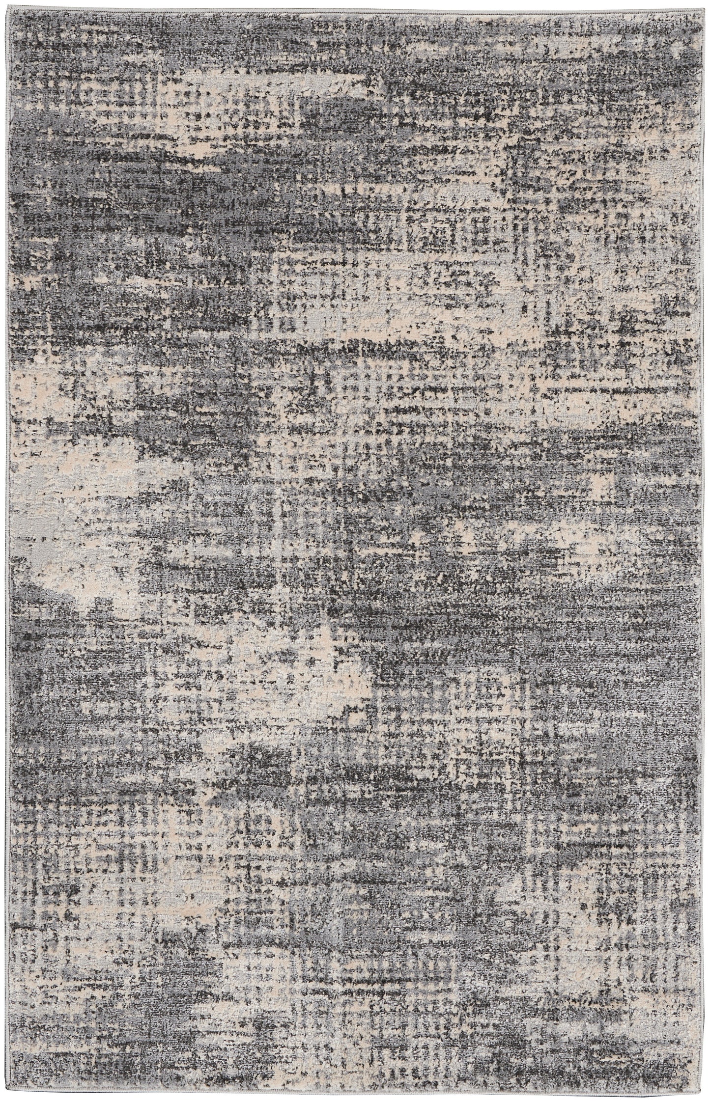 Rectangular abstract distressed gray and beige rug with a mottled vintage texture.