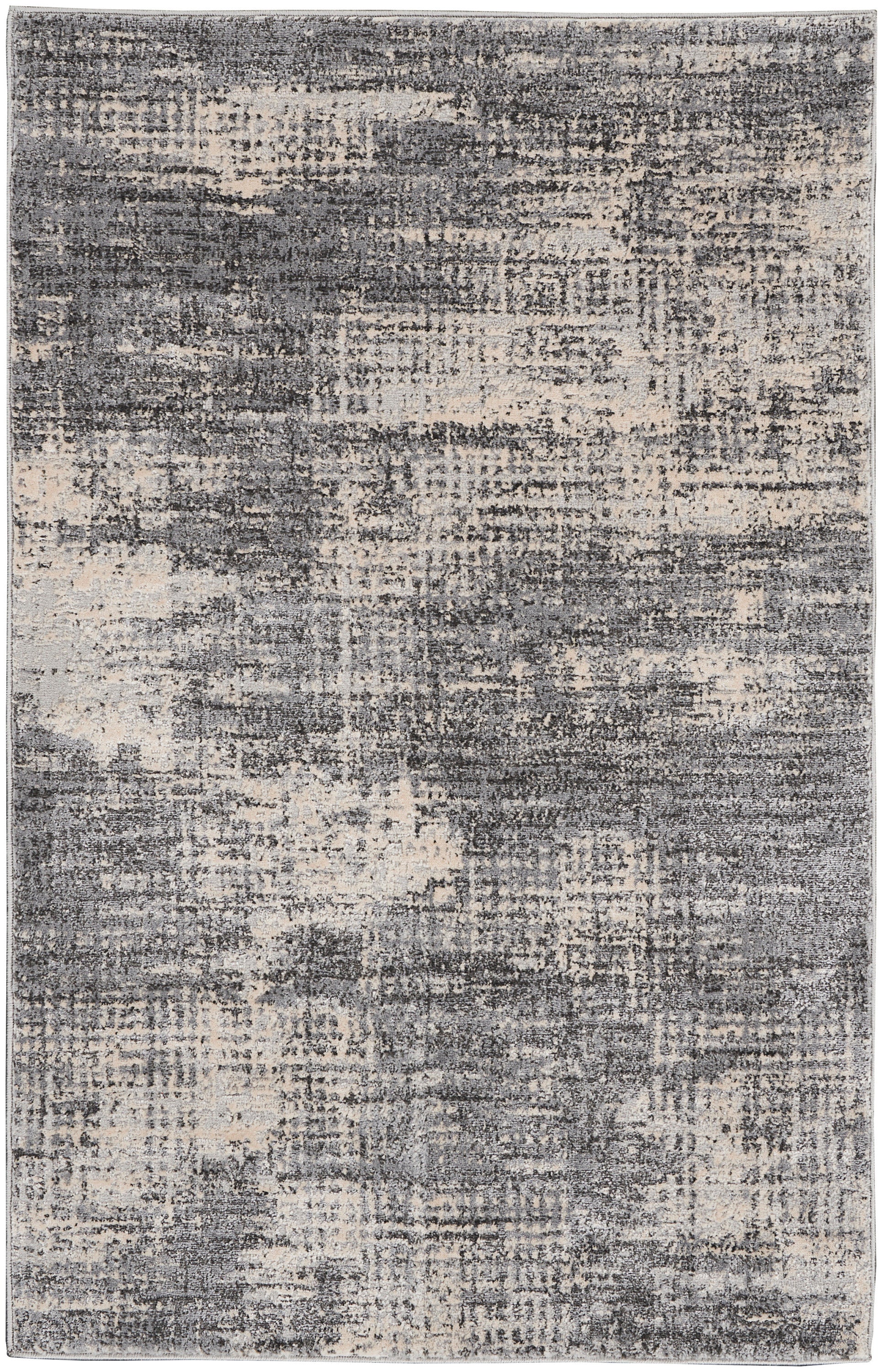 Rectangular abstract distressed gray and beige rug with a mottled vintage texture.