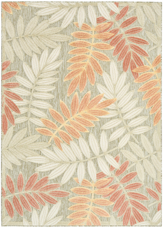 Rectangular rug with ivory, peach and coral leaf motifs on a light gray striped background; tropical botanical style.