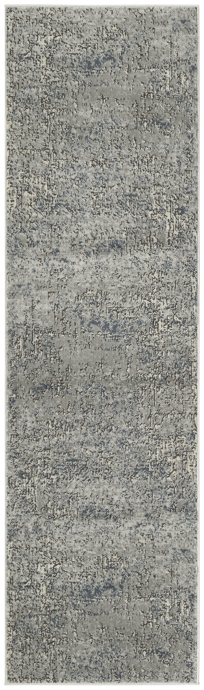 Long grey distressed textured rug runner in neutral beige-gray tones; contemporary, soft pile for hallway or living room.