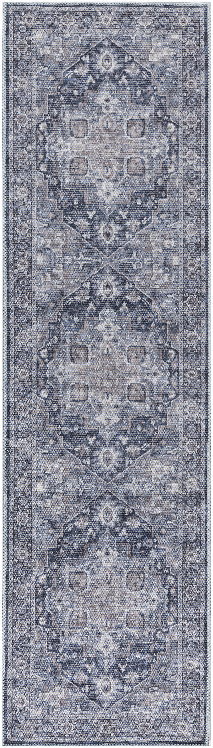 Blue-gray Persian-style rug runner with distressed pattern and repeating central medallions, ornate borders.
