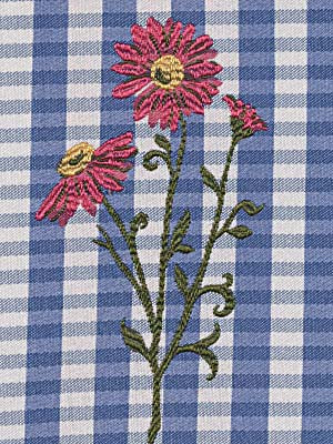 Pink embroidered flowers with yellow centers on green stems against blue-and-white gingham fabric.