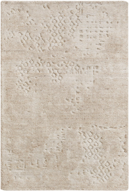 Beige rectangular rug with soft plush texture and subtle raised abstract motifs for neutral, versatile decor.