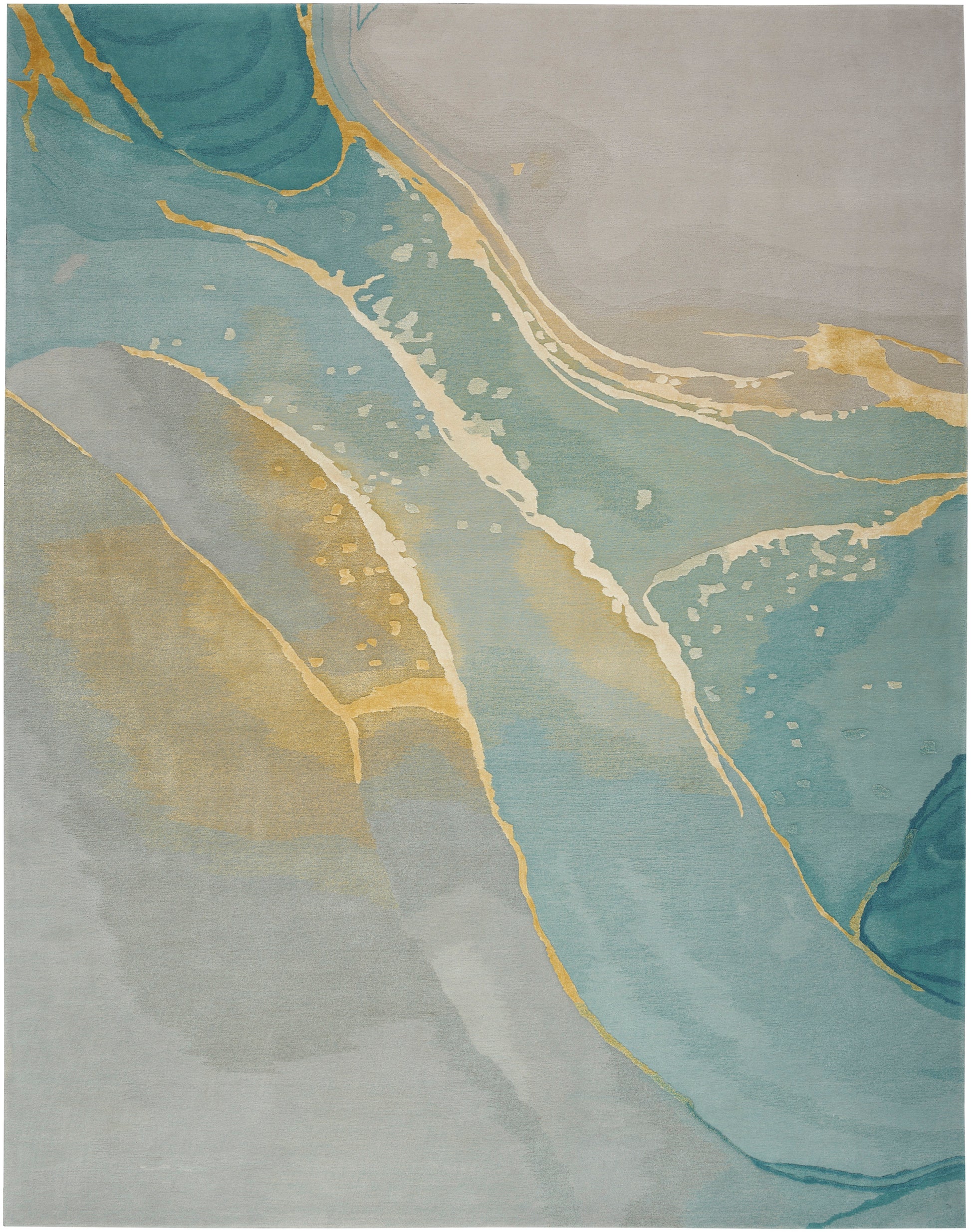 Abstract area rug with teal, gold and gray marbled waves in a soft, flowing design.