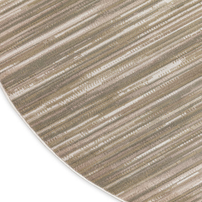 Neutral beige area rug with brushed taupe and cream horizontal stripes, curved corner, soft woven texture.