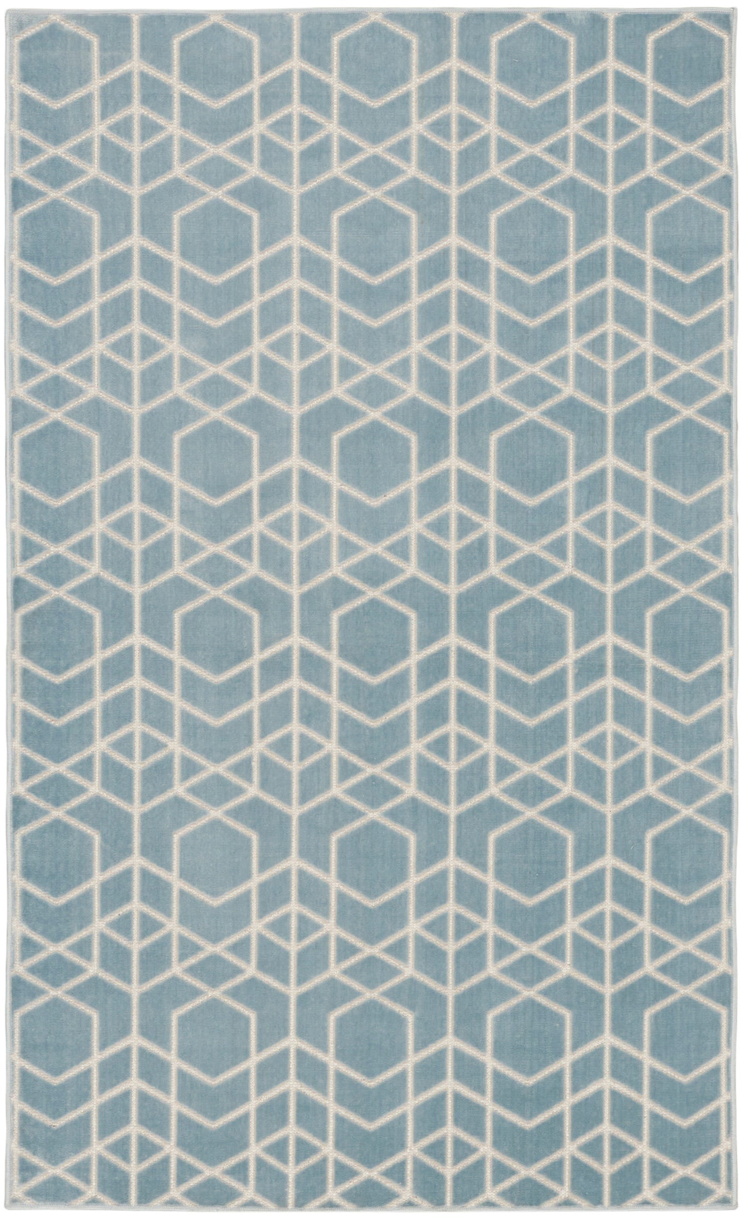 Blue rectangular rug with cream geometric hex-cube lattice pattern, modern decor.