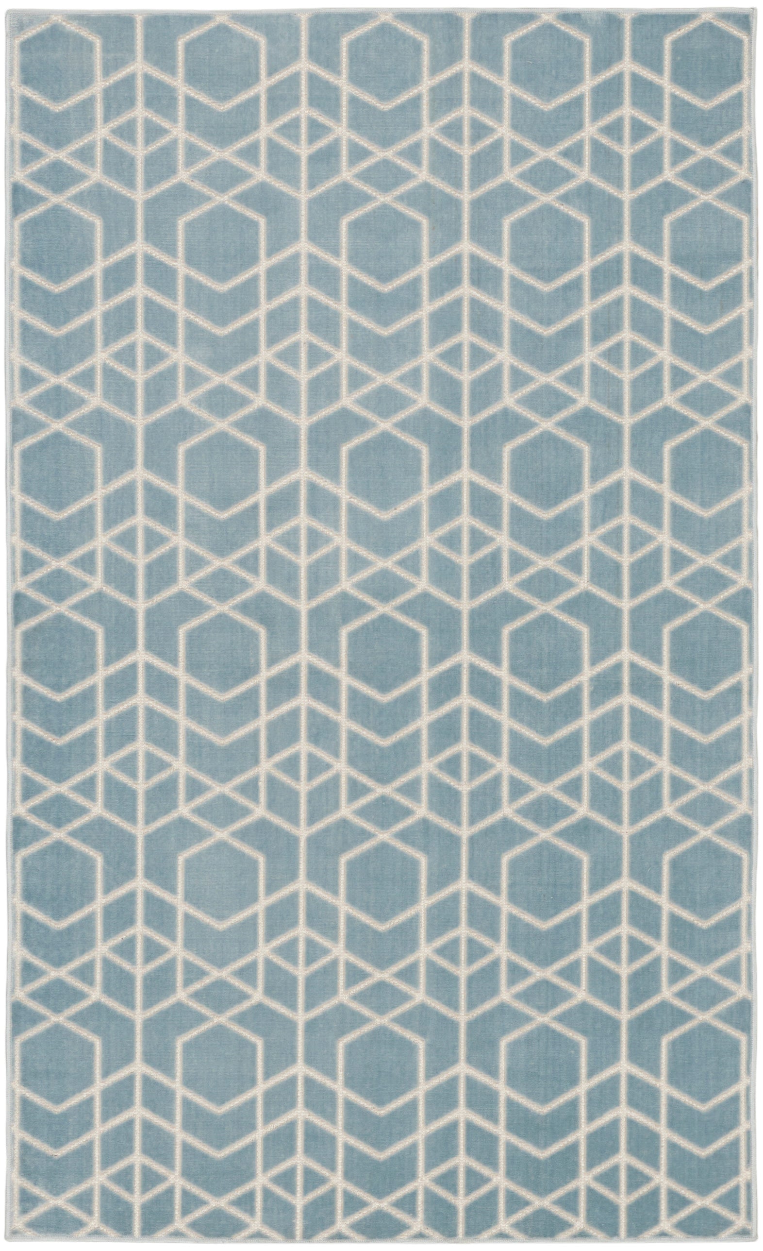 Blue rectangular rug with cream geometric hex-cube lattice pattern, modern decor.