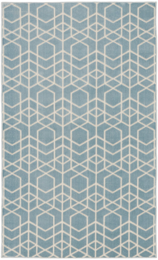 Blue rectangular rug with cream geometric hex-cube lattice pattern, modern decor.