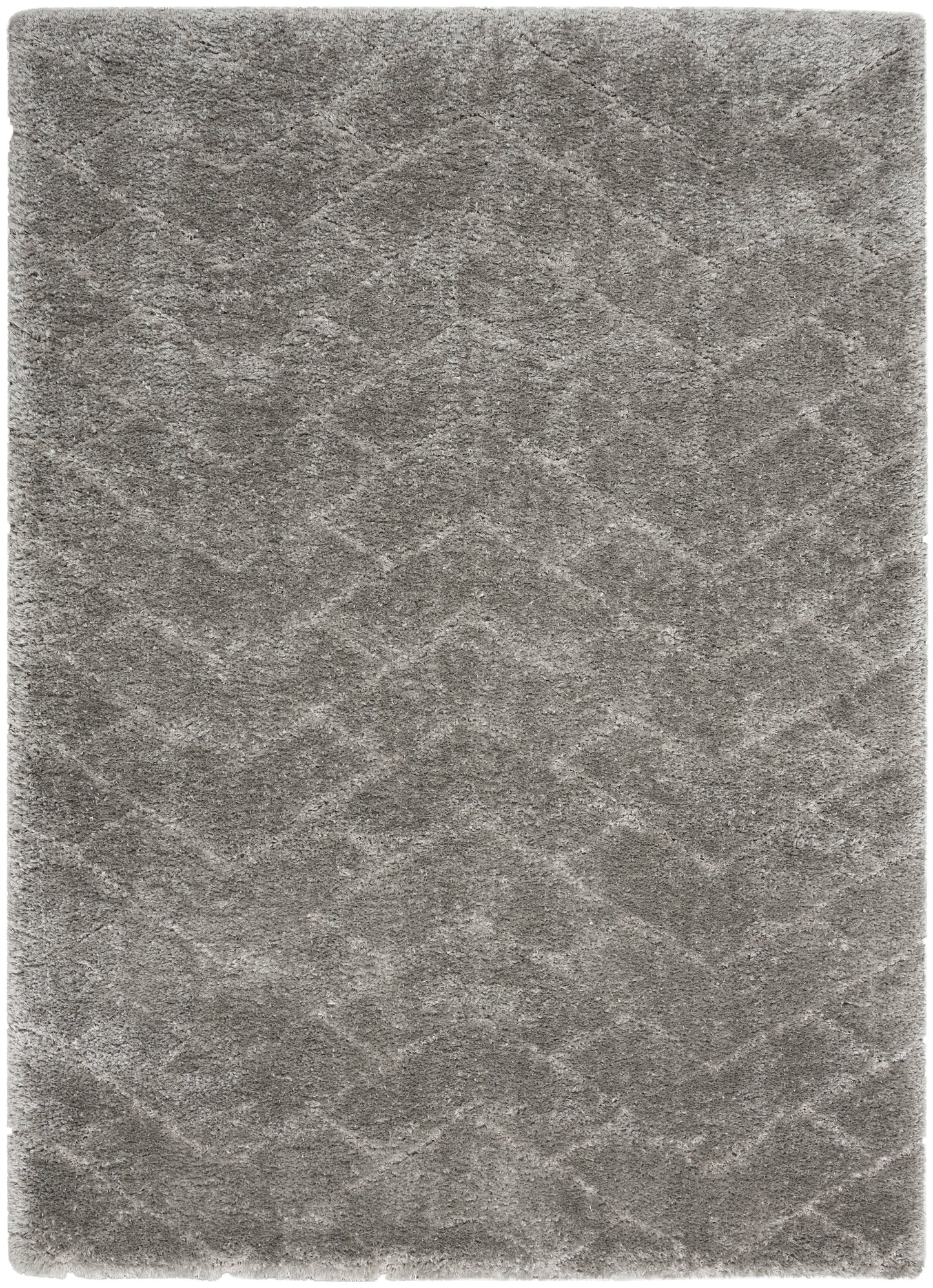 Gray plush rectangular rug with subtle chevron pattern & soft textured surface.