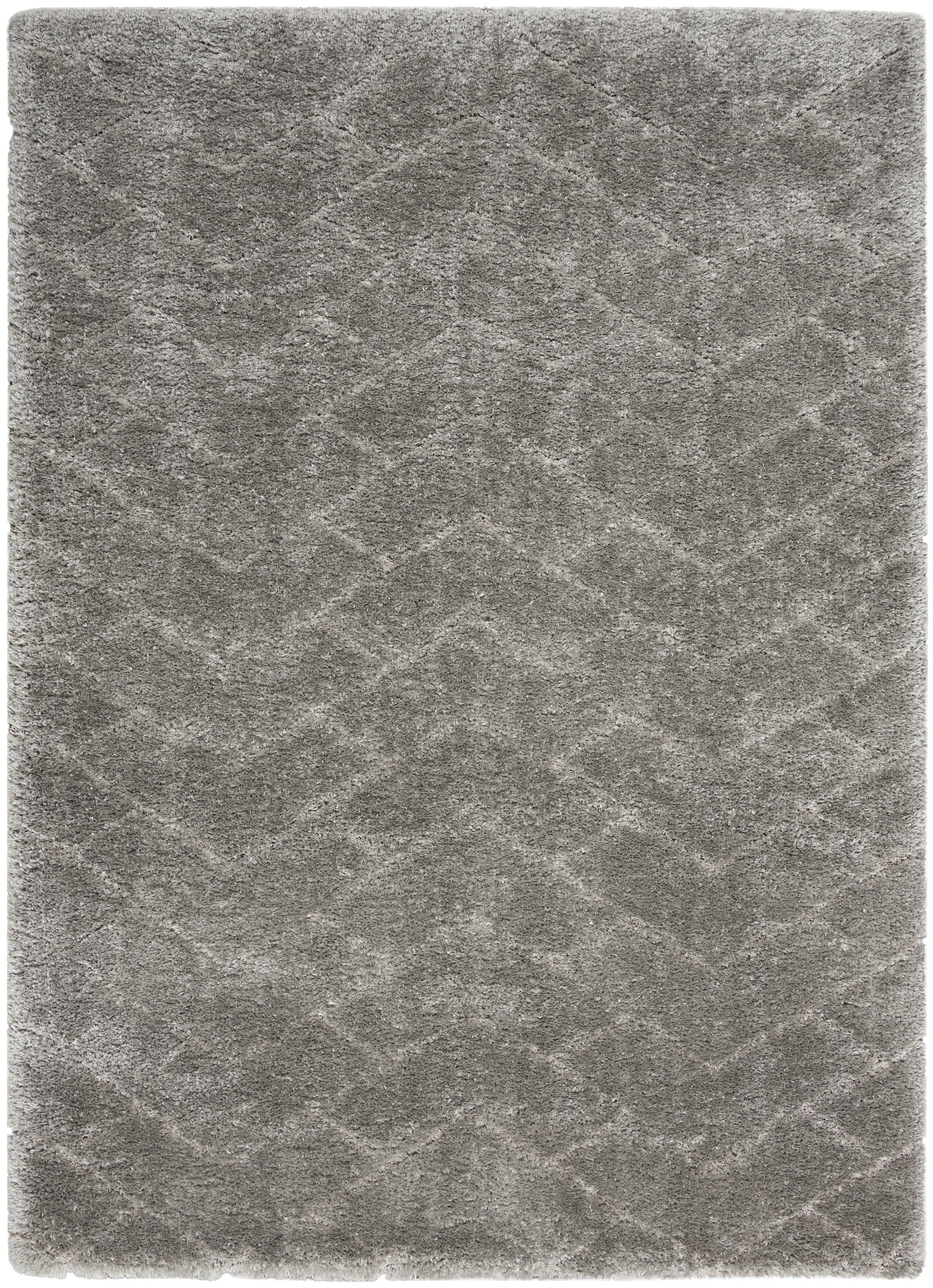 Gray plush rectangular rug with subtle chevron pattern & soft textured surface.