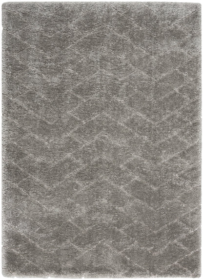 Gray plush rectangular rug with subtle chevron pattern & soft textured surface.