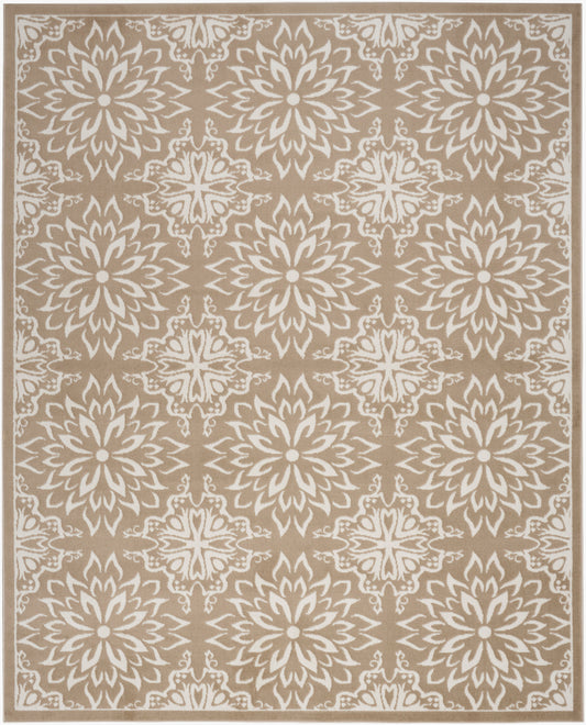 Beige area rug with white starburst rosette medallions in a repeating Moroccan-inspired pattern; bordered edges.