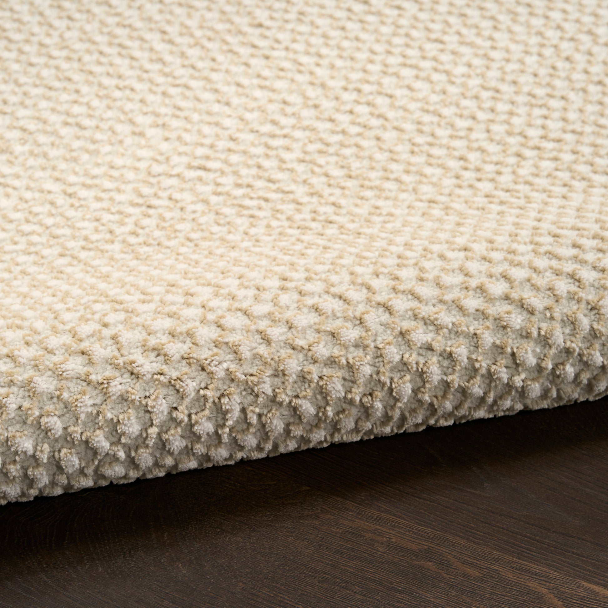 Cream textured loop-pile rug on dark wood floor; beige fibers, cozy modern living-room accent.