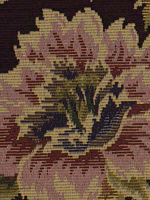 Woven upholstery fabric with a large yellow-pink floral motif on burgundy background.