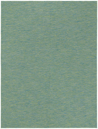 Teal-green rectangular woven rug with pale yellow diamond lattice stitching for textured geometric decor.