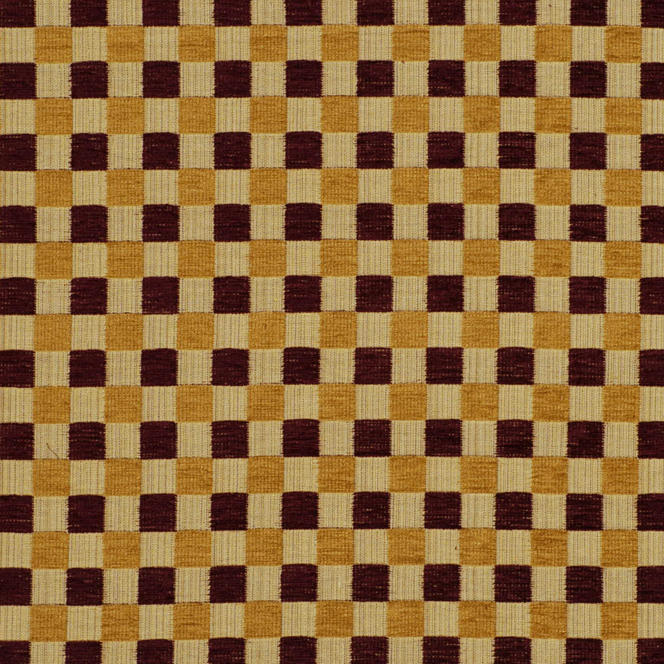 Woven checkerboard fabric in aged gold and dark brown, small square grid texture for upholstery or decor.