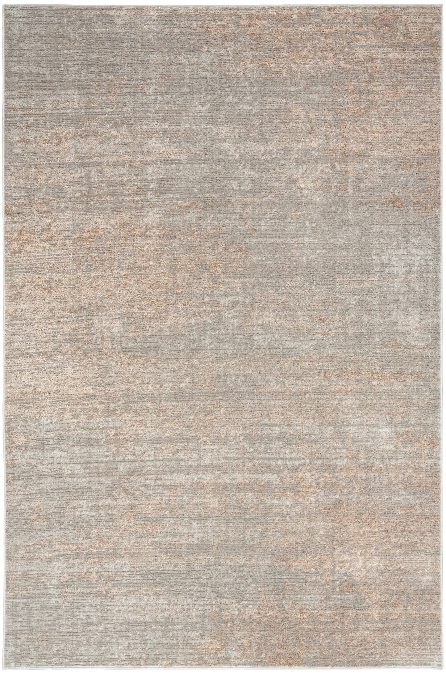 Neutral gray and beige distressed area rug with a soft, faded pattern.