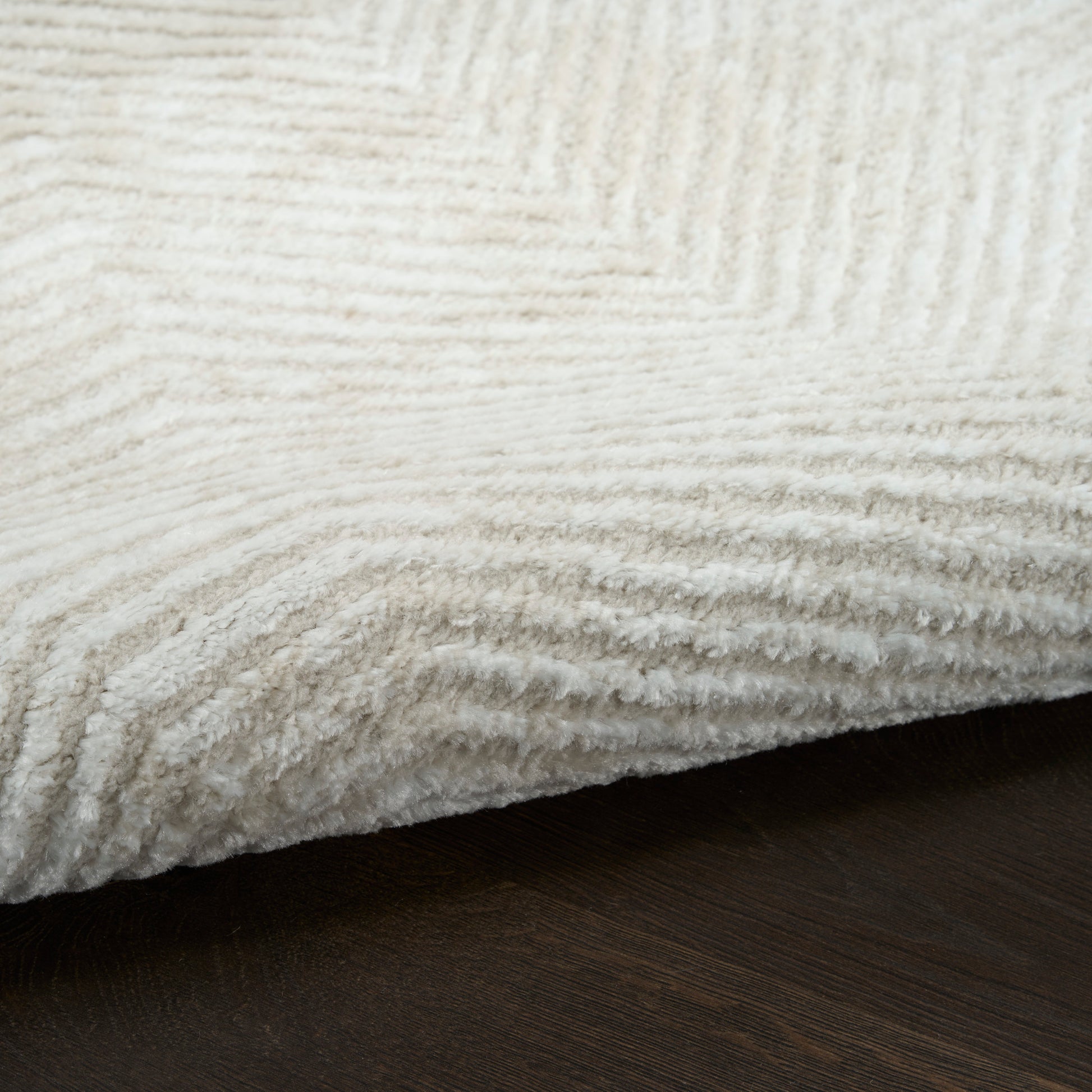 Cream shag rug close-up with plush fibers on dark wood floor, modern cozy home decor.