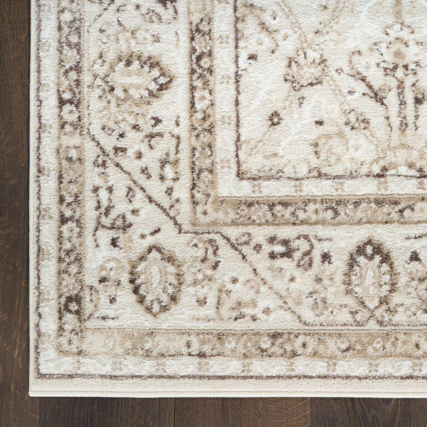 Rectangular plush ivory-beige traditional oriental area rug with brown floral border on dark wood floor.